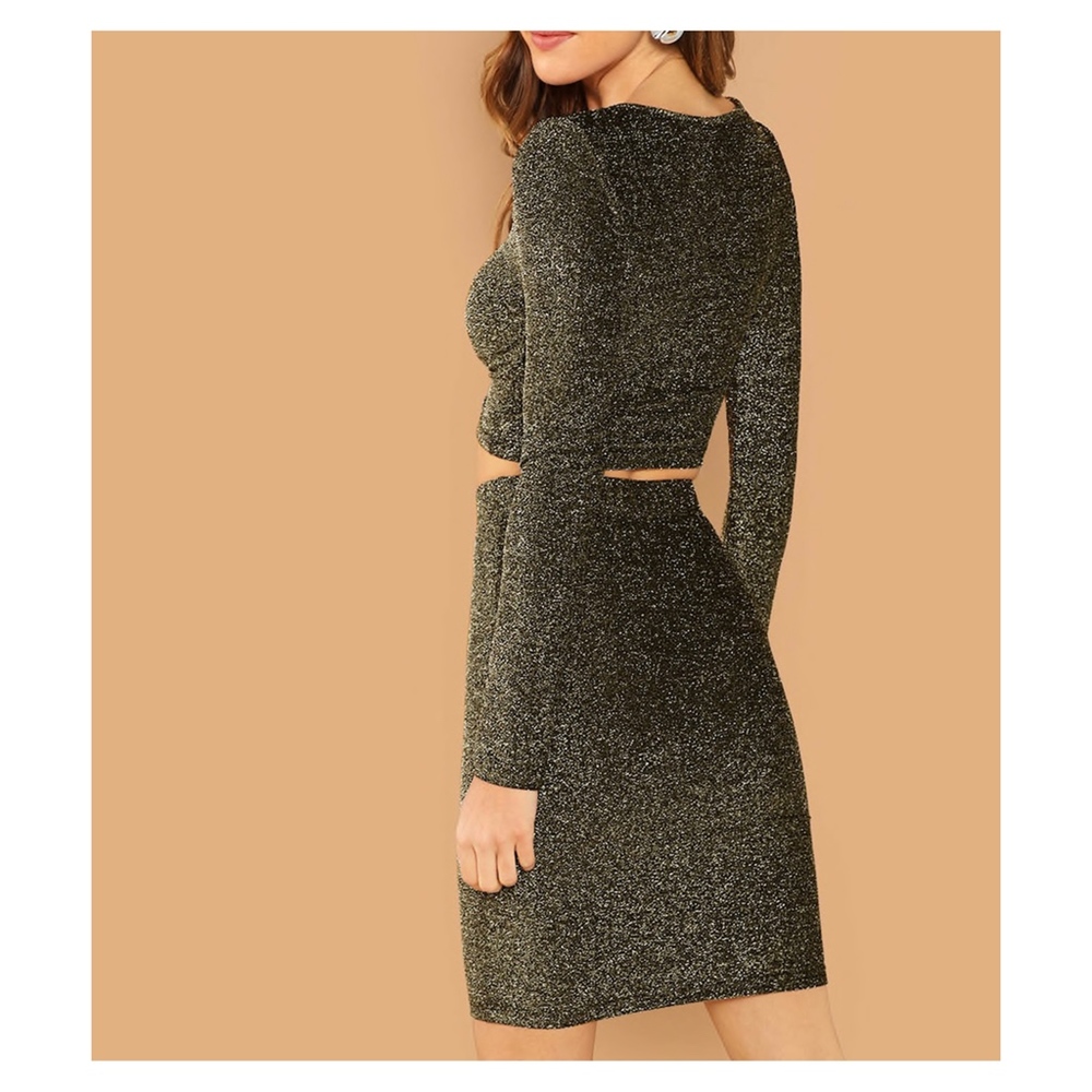 Black Gold Glitter Two Piece Dress Crop Top Skirt - Picture 2 of 6